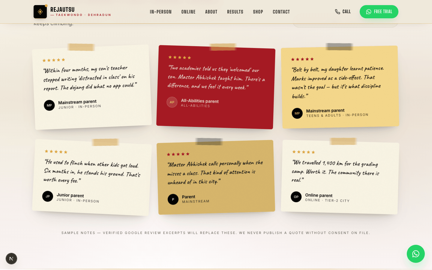 Sticky-note testimonial wall with quotes from real parents.