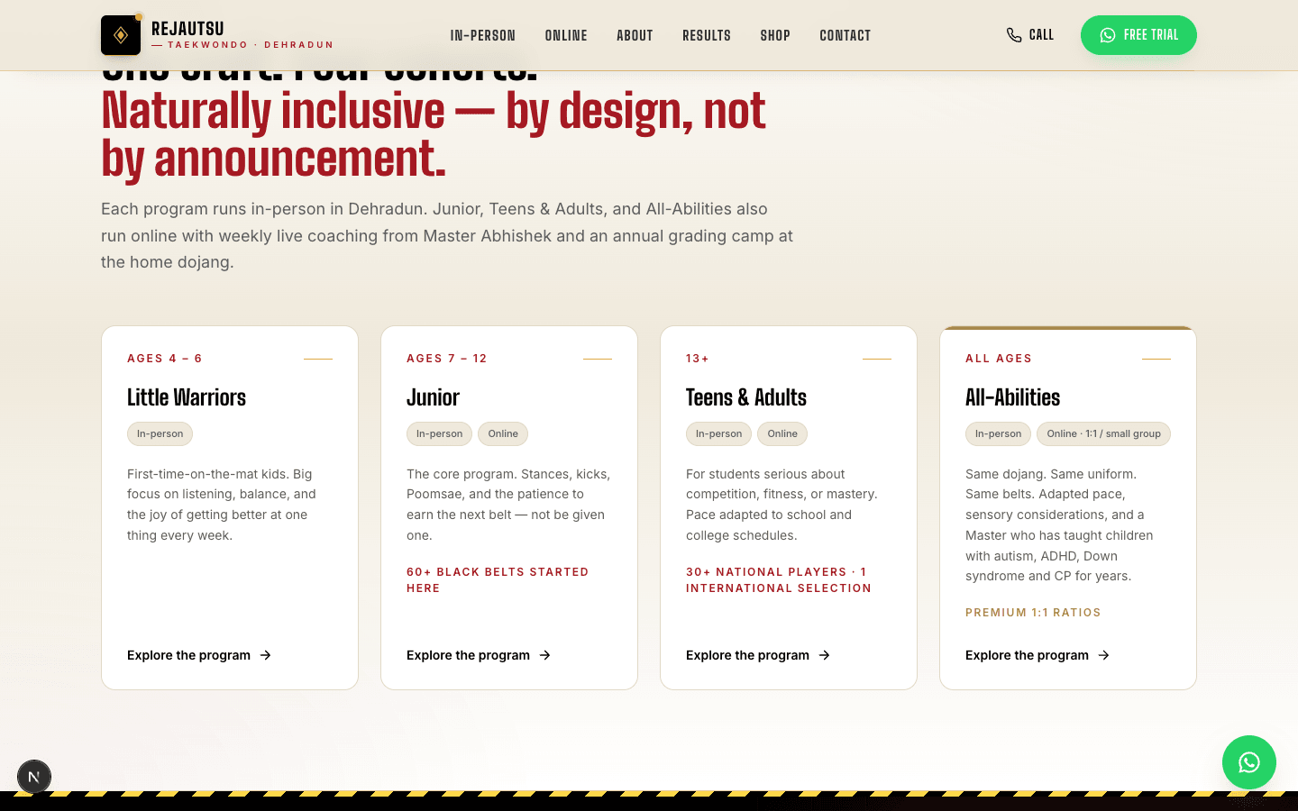 Programs section explaining the four formats the academy offers.